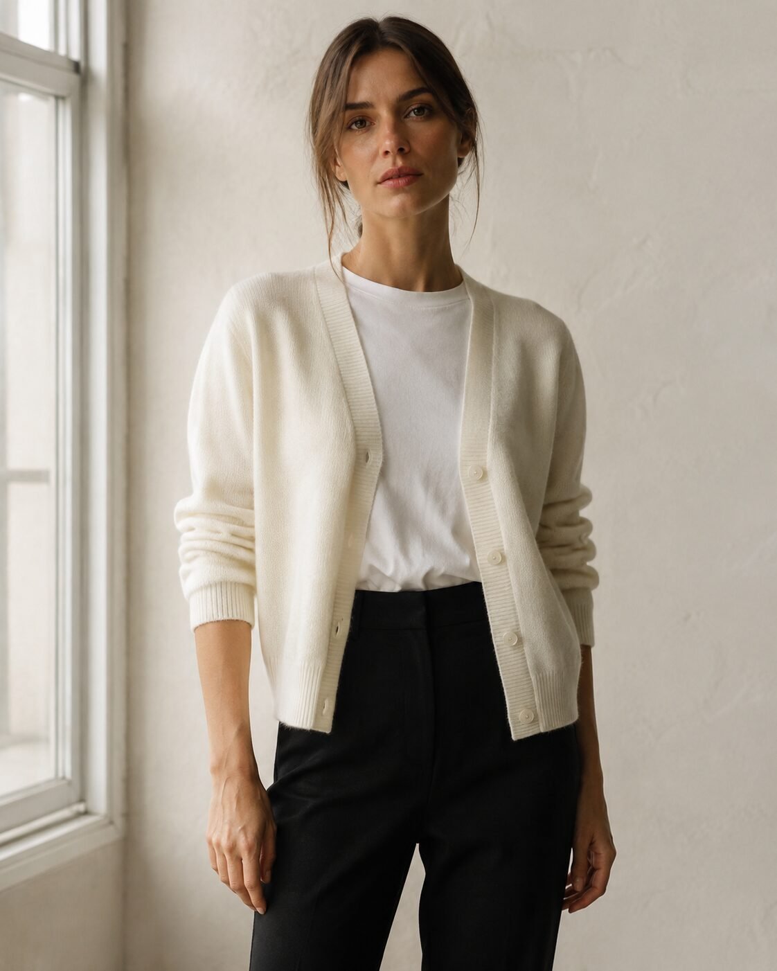 affordable quiet luxury fall outfit: ivory cashmere cardigan worn open over a simple base