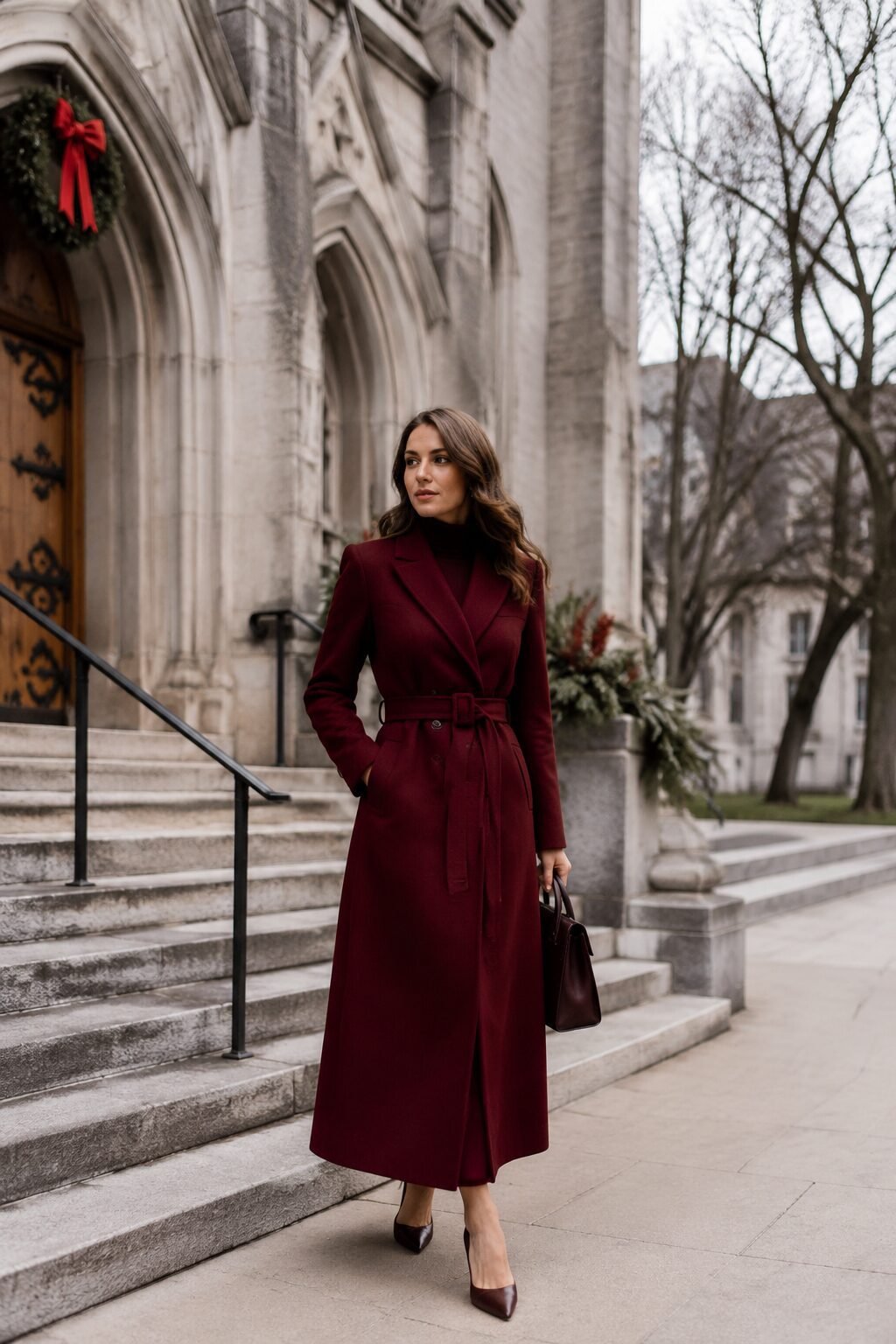 80s inspired christmas outfits, structured shoulder pad coat dress belted for Christmas morning church service