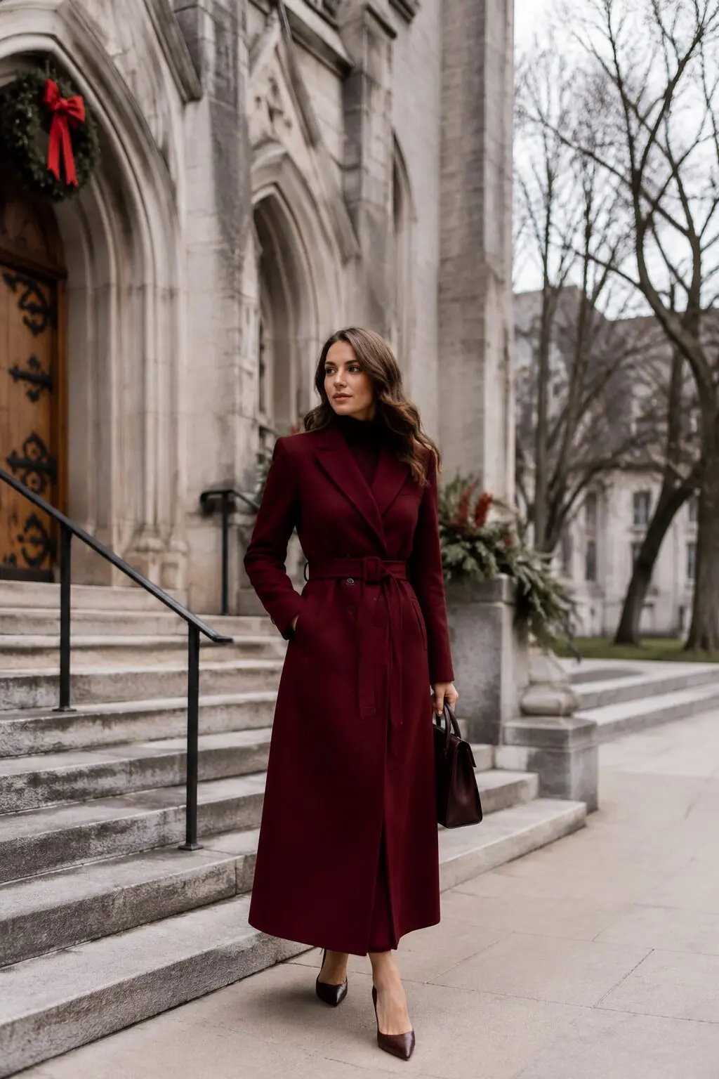 80s inspired christmas outfits, structured shoulder pad coat dress belted for Christmas morning church service