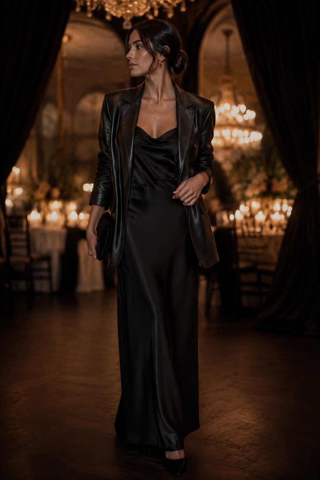 vamp romantic christmas outfit: black satin slip skirt with a black leather blazer for a winter wedding guest look
