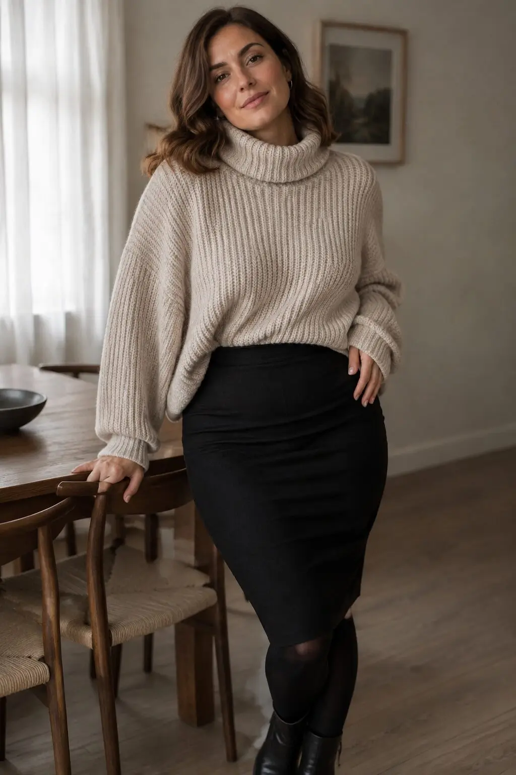 oatmeal chunky turtleneck with slim black midi skirt, elegant christmas lunch outfit for family lunch