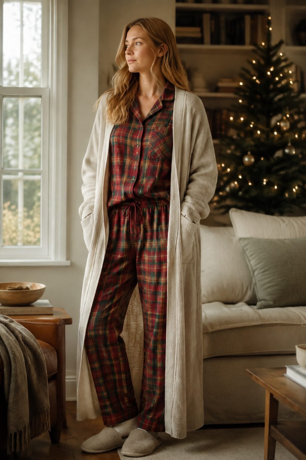 cozy christmas day outfit idea: red and green plaid flannel pajama set with a robe-style cardigan