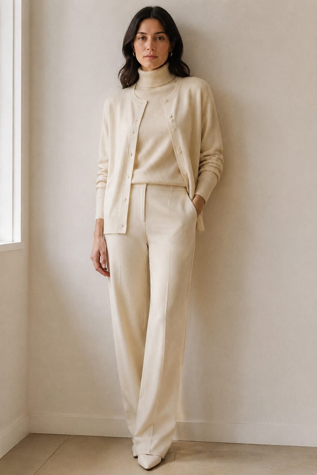 woman in a 90s minimalist outfit wearing a tonal cream turtleneck layered under a matching cardigan and trouser