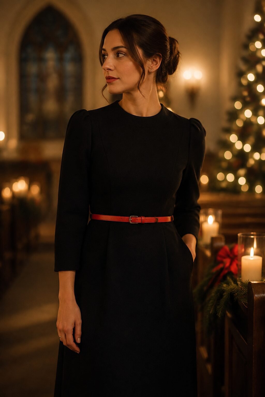 elegant family christmas outfits with one shared red accent: mother in a black wool dress