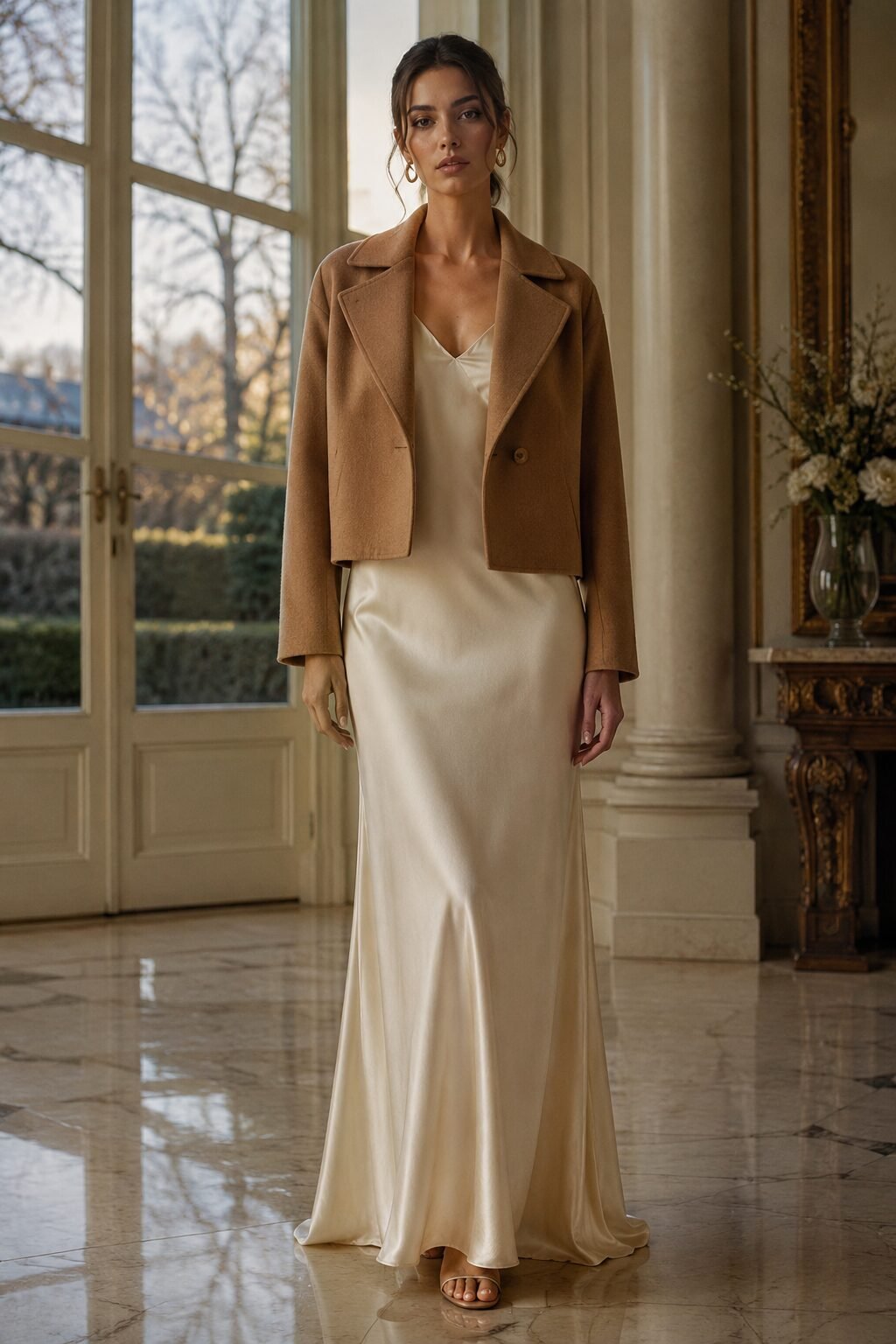 carolyn bessette kennedy inspired cocktail outfit: ivory slip gown under a cropped camel coat