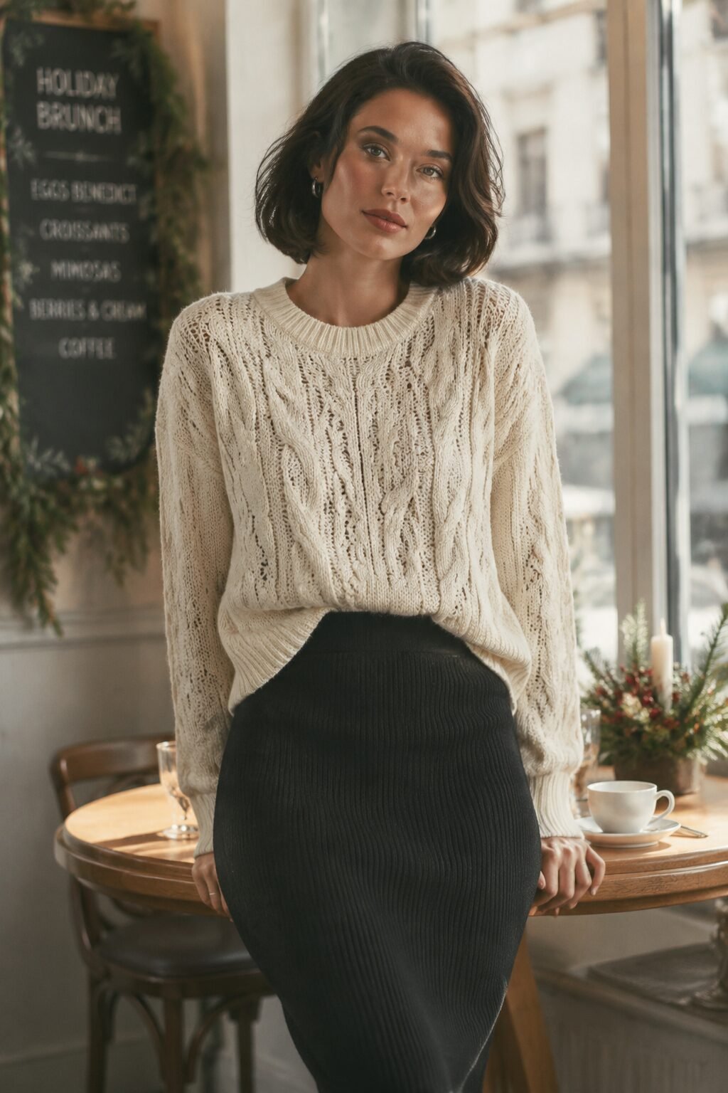 cool toned winter outfit: ecru cable-knit sweater tucked into a black midi skirt for holiday brunch