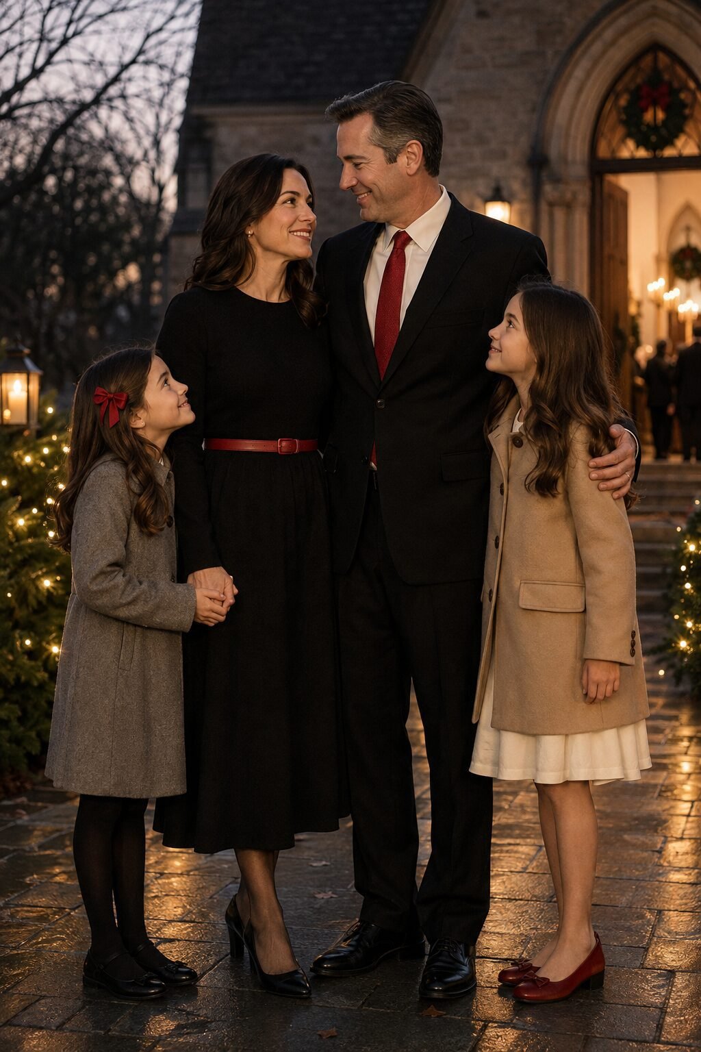 elegant family christmas outfits with one shared red accent: mother in a black wool dress