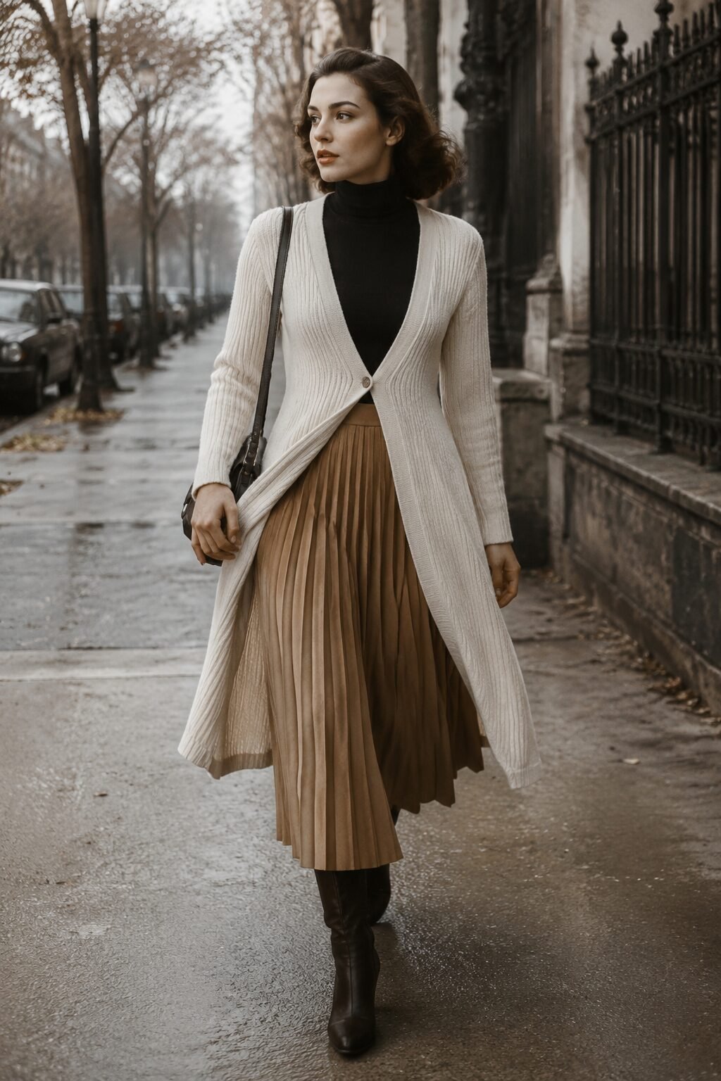 cream longline cardigan layered over black turtleneck with camel pleated midi skirt, cold weather capsule outfit