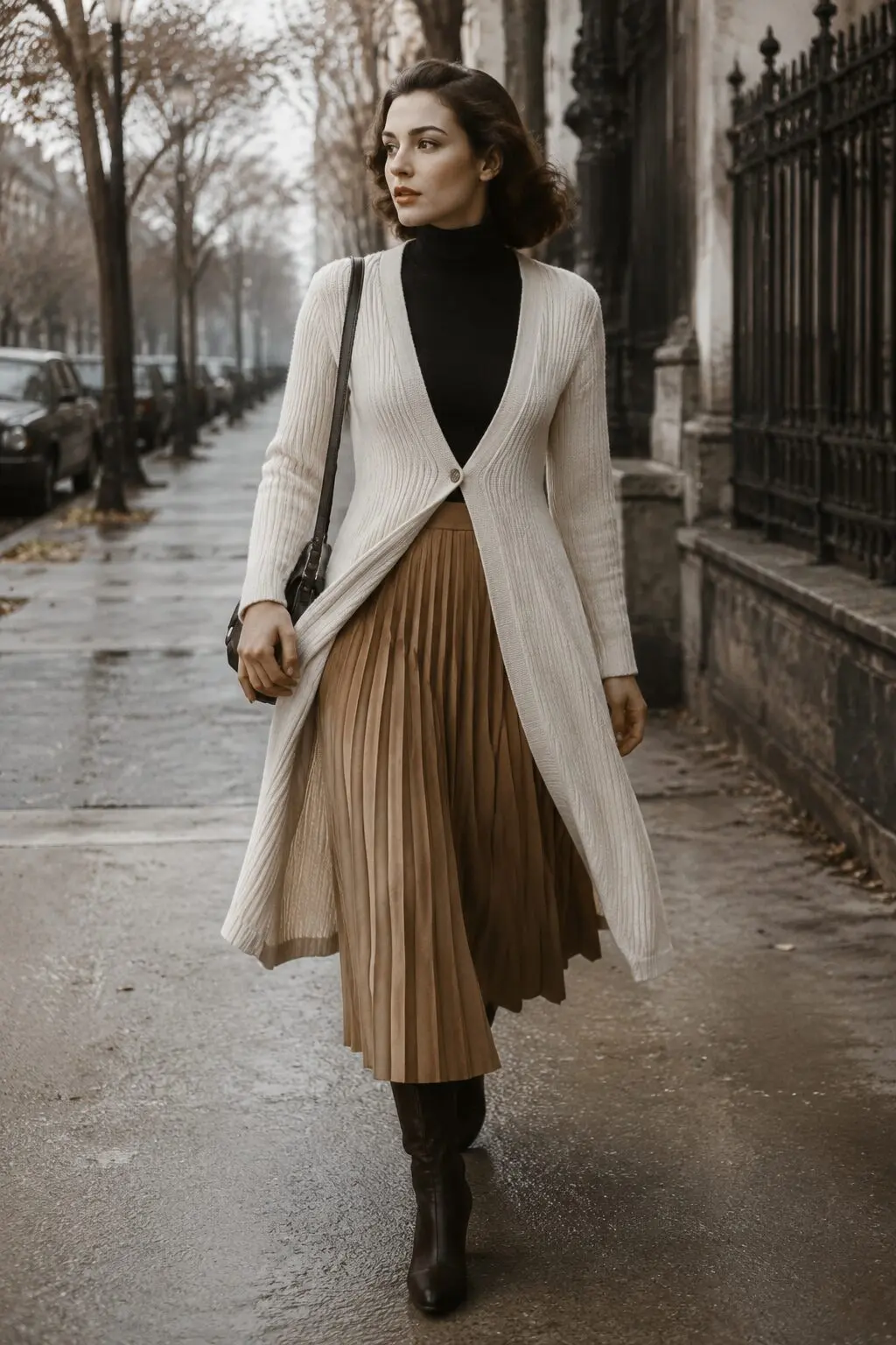 cream longline cardigan layered over black turtleneck with camel pleated midi skirt, cold weather capsule outfit