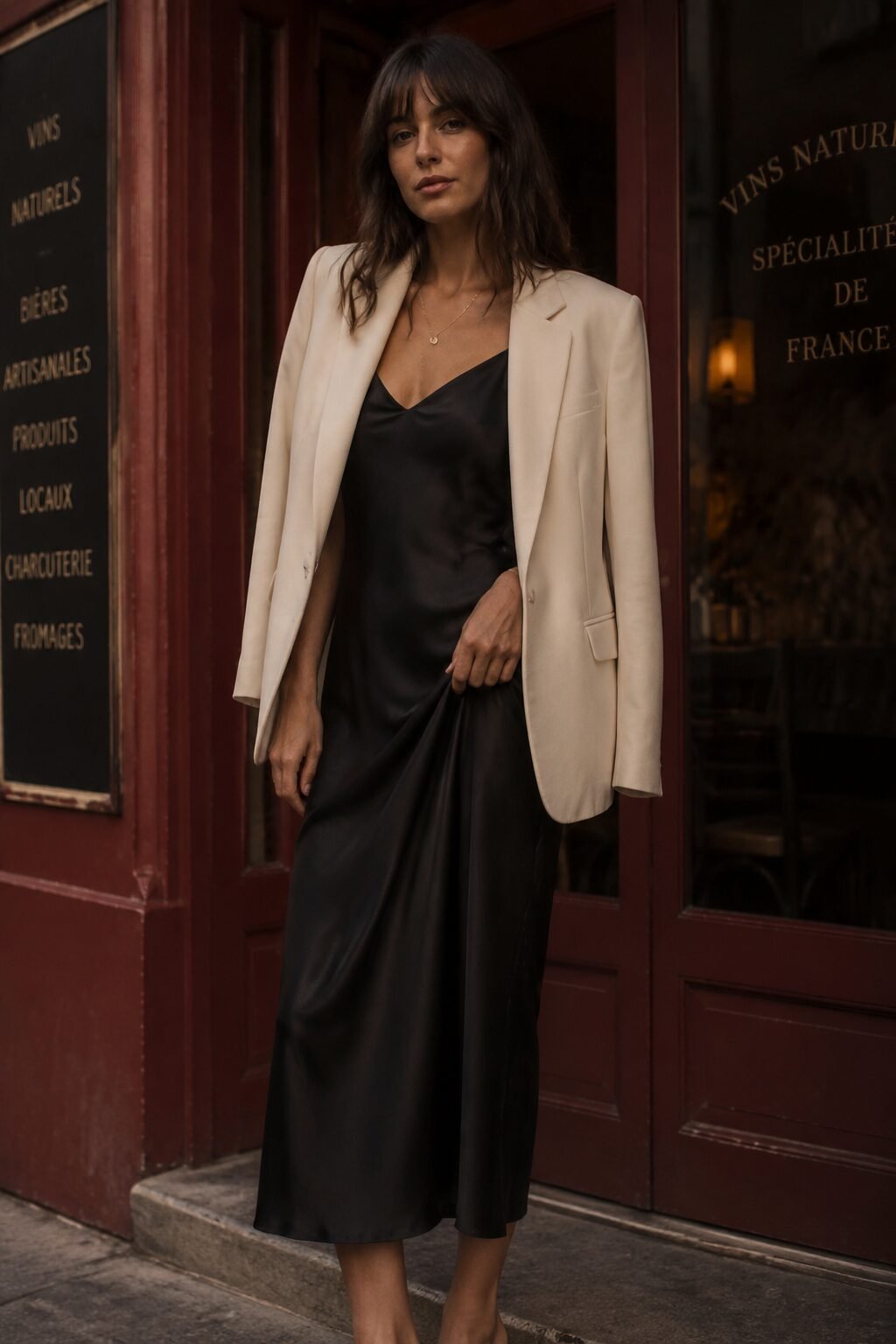 fall capsule wardrobe outfit idea: black silk slip dress under a cream blazer for Thursday after-work drinks