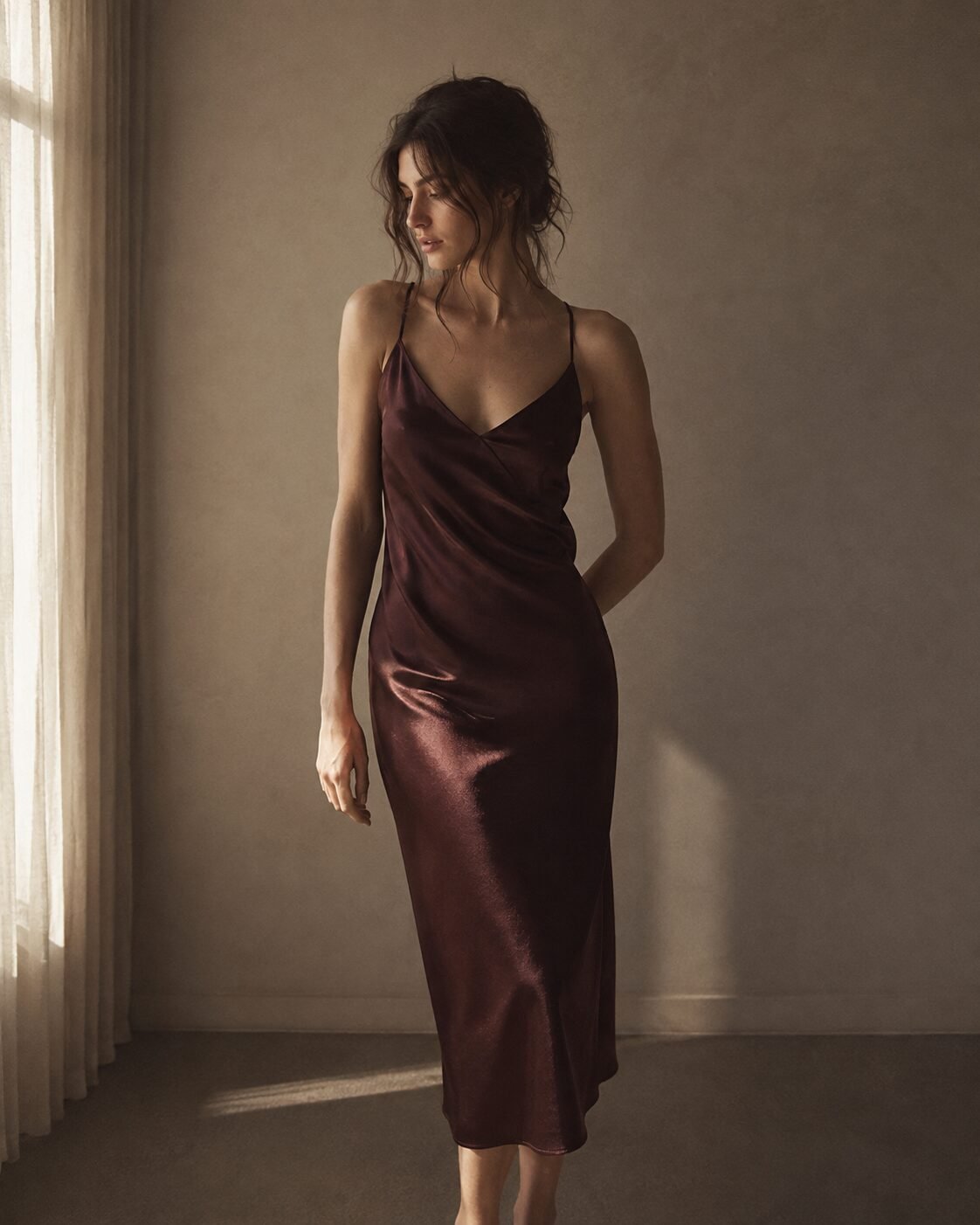 cheap christmas outfit look expensive: deep-toned satin slip dress