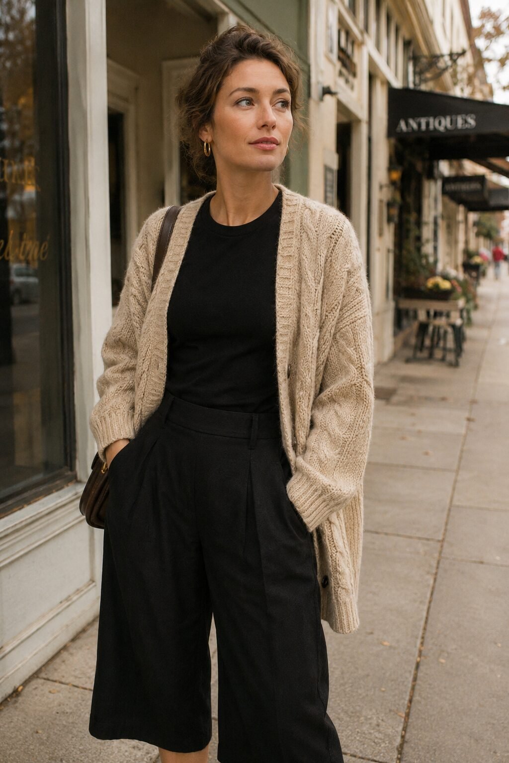 weekend errands black pants outfit: oatmeal cable cardigan over a fitted tee with cropped culotte black trousers