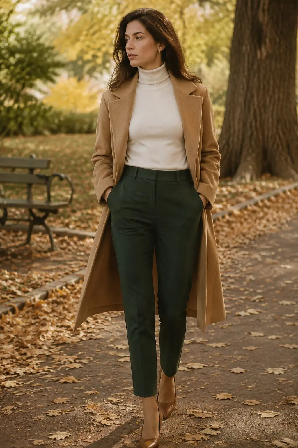 forest green cigarette pants outfit with ivory turtleneck and camel coat for fall