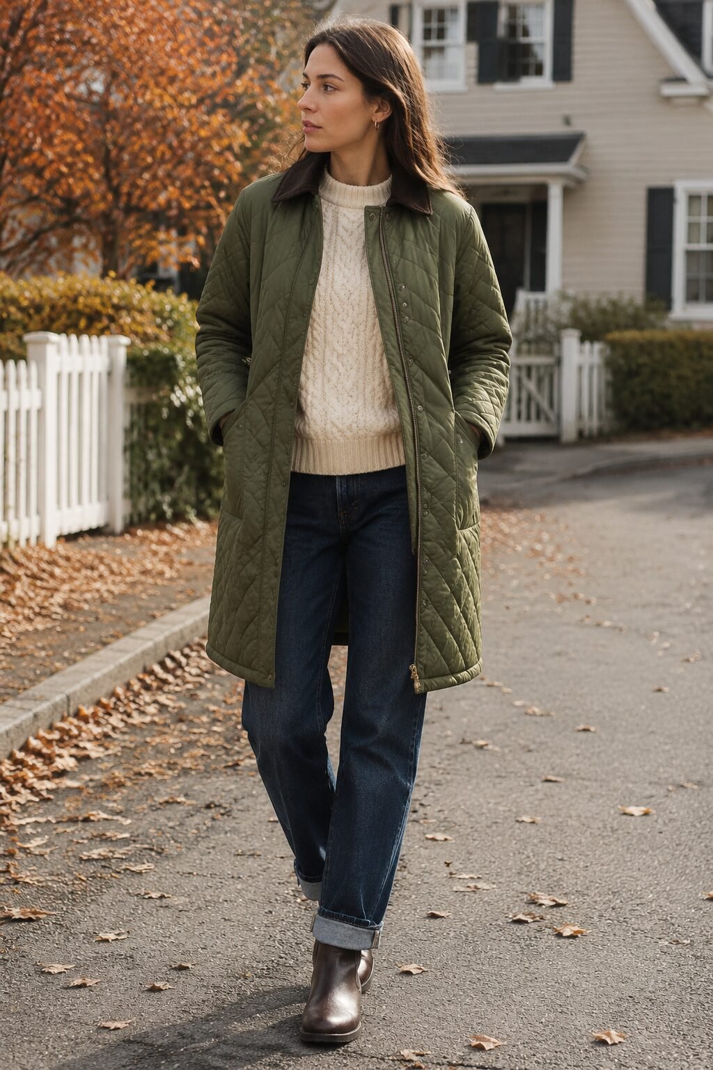 quilted olive barn coat, cable knit sweater, and straight-leg jeans, crisp fall coat outfit