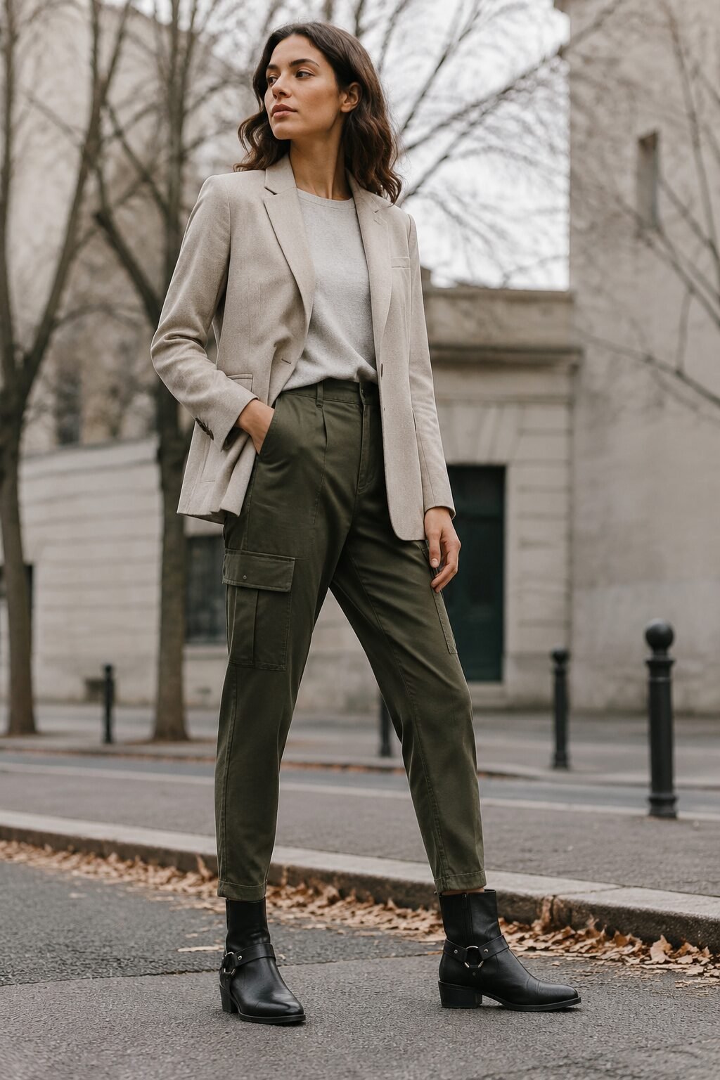 woman wearing a stone blazer with olive tapered cargo pants and moto boots for a smart-utility weekend outfit