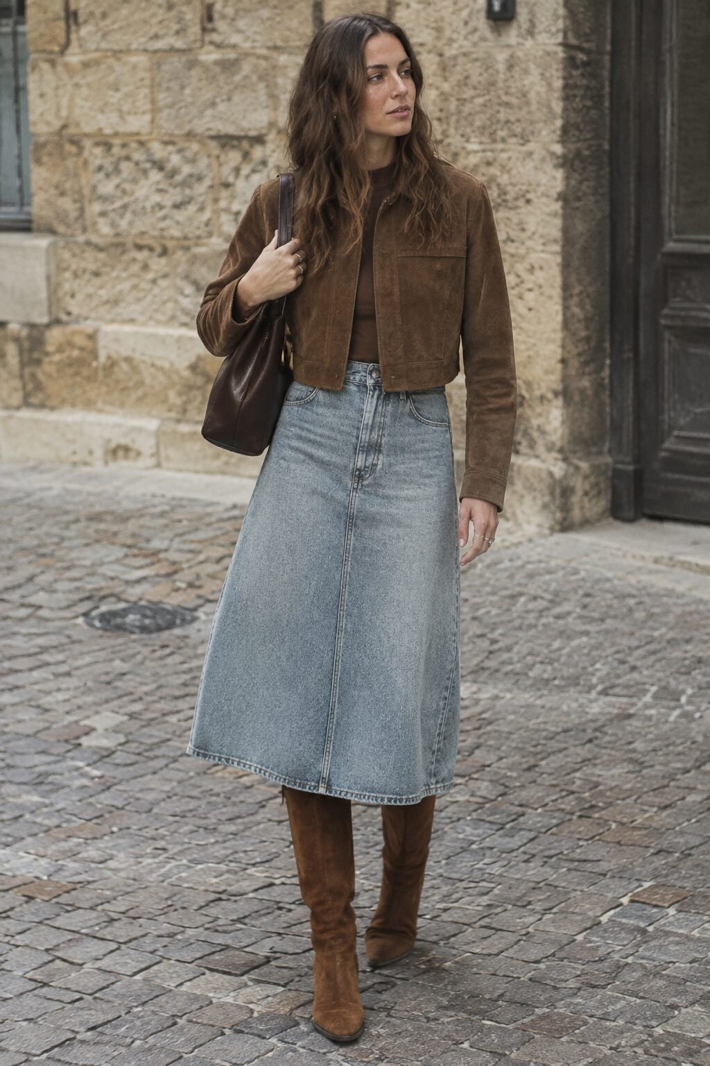 how to style a suede jacket with a denim skirt: chocolate suede jacket, denim midi skirt, and cognac knee-high boots
