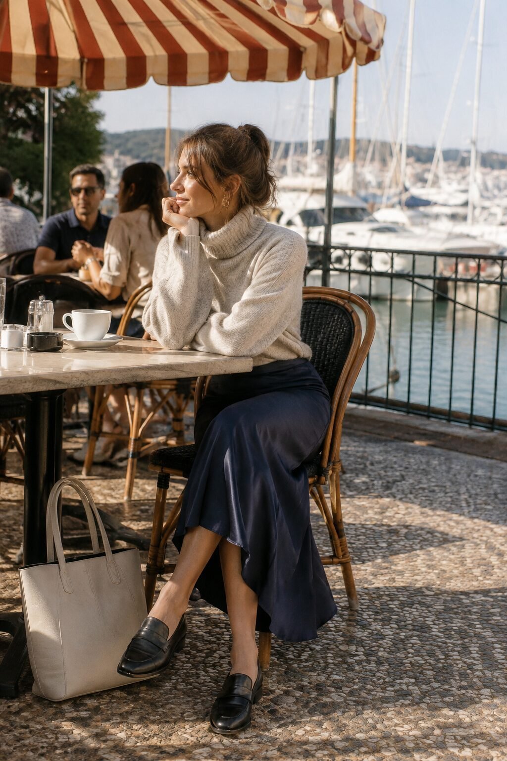 fall capsule wardrobe weekend outfit: oatmeal turtleneck tucked into a navy silk skirt with black loafers and an ivory tote