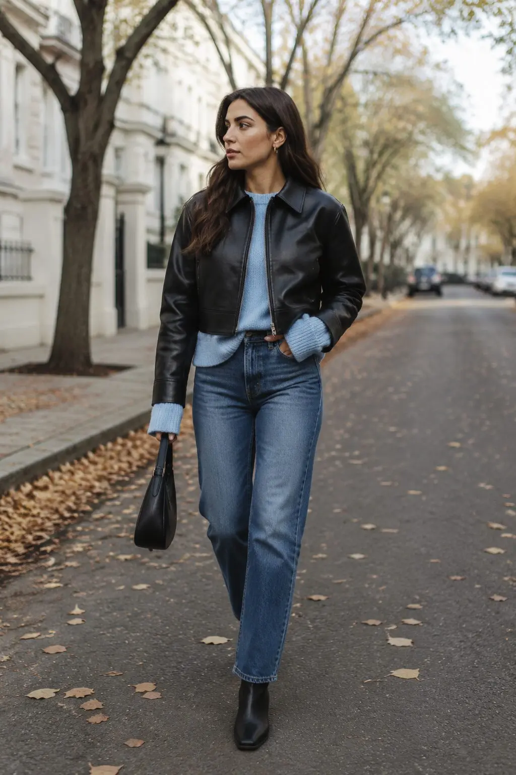 how to style a leather jacket with a sweater: black leather jacket over an olive oversized cashmere sweater