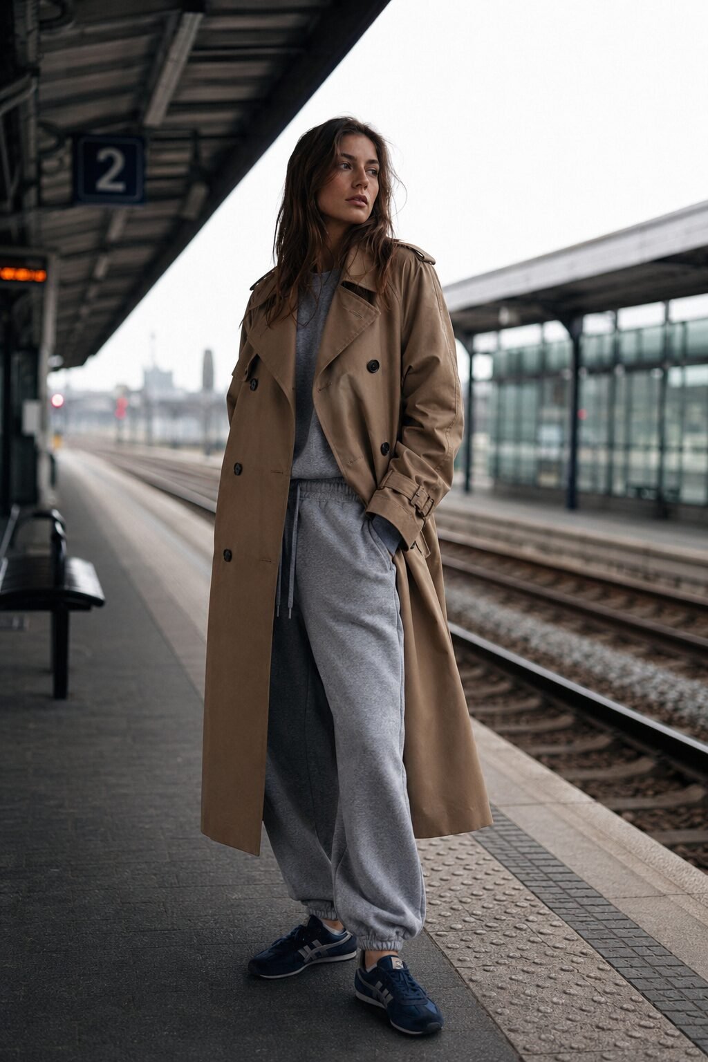 trench coat outfit for travel: camel trench coat over a cacao brown fleece jogger with rust suede sneakers