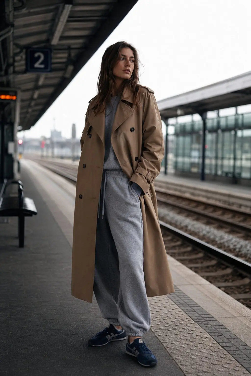 trench coat outfit for travel: camel trench coat over a cacao brown fleece jogger with rust suede sneakers