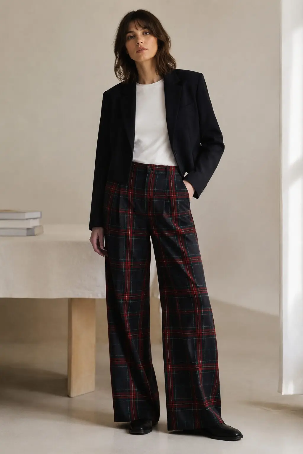 black cropped blazer with tartan wide-leg trousers, modern elegant christmas lunch outfit