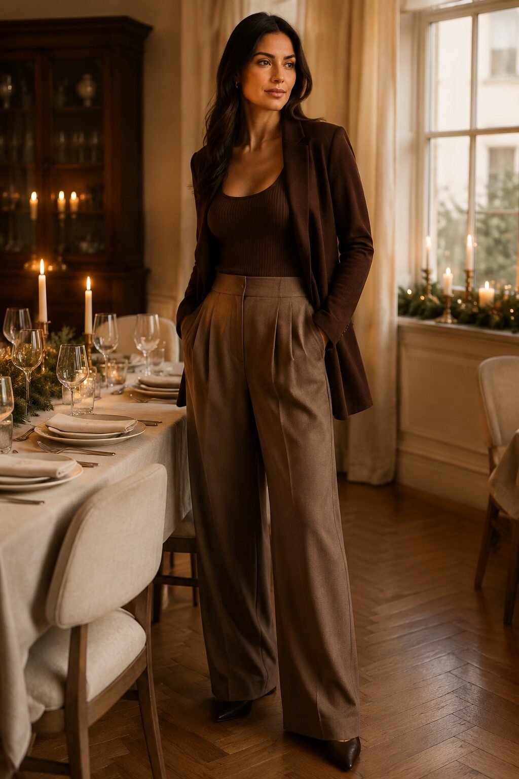 comfortable chic christmas day outfit: chocolate brown ribbed bodysuit, soft blazer-cardigan, and wide-leg trouser