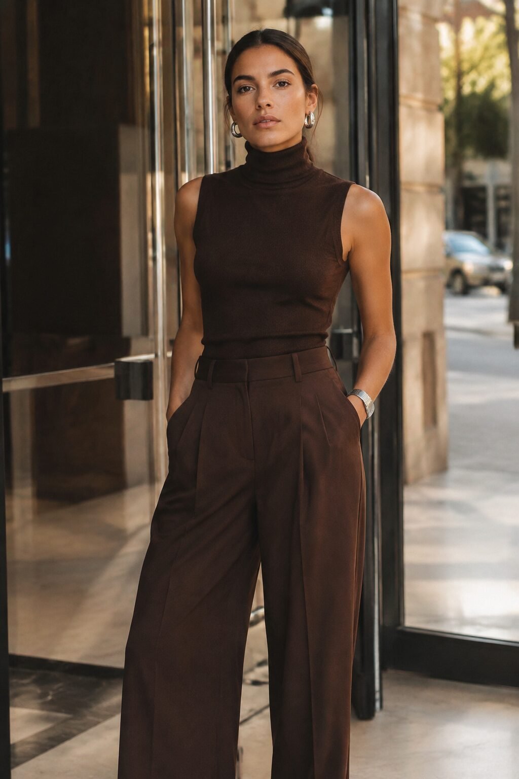 walnut brown sleeveless turtleneck shell with a wide-leg trouser, a 90s minimalist transitional outfit
