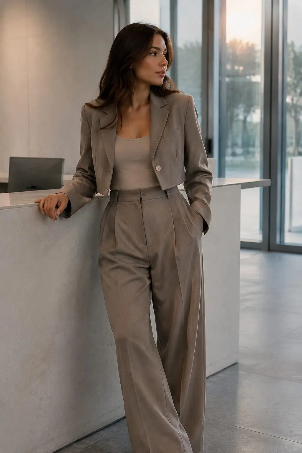 Carolyn Bessette Kennedy inspired outfit ideas: taupe cropped jacket with wide-leg trousers for office to evening style