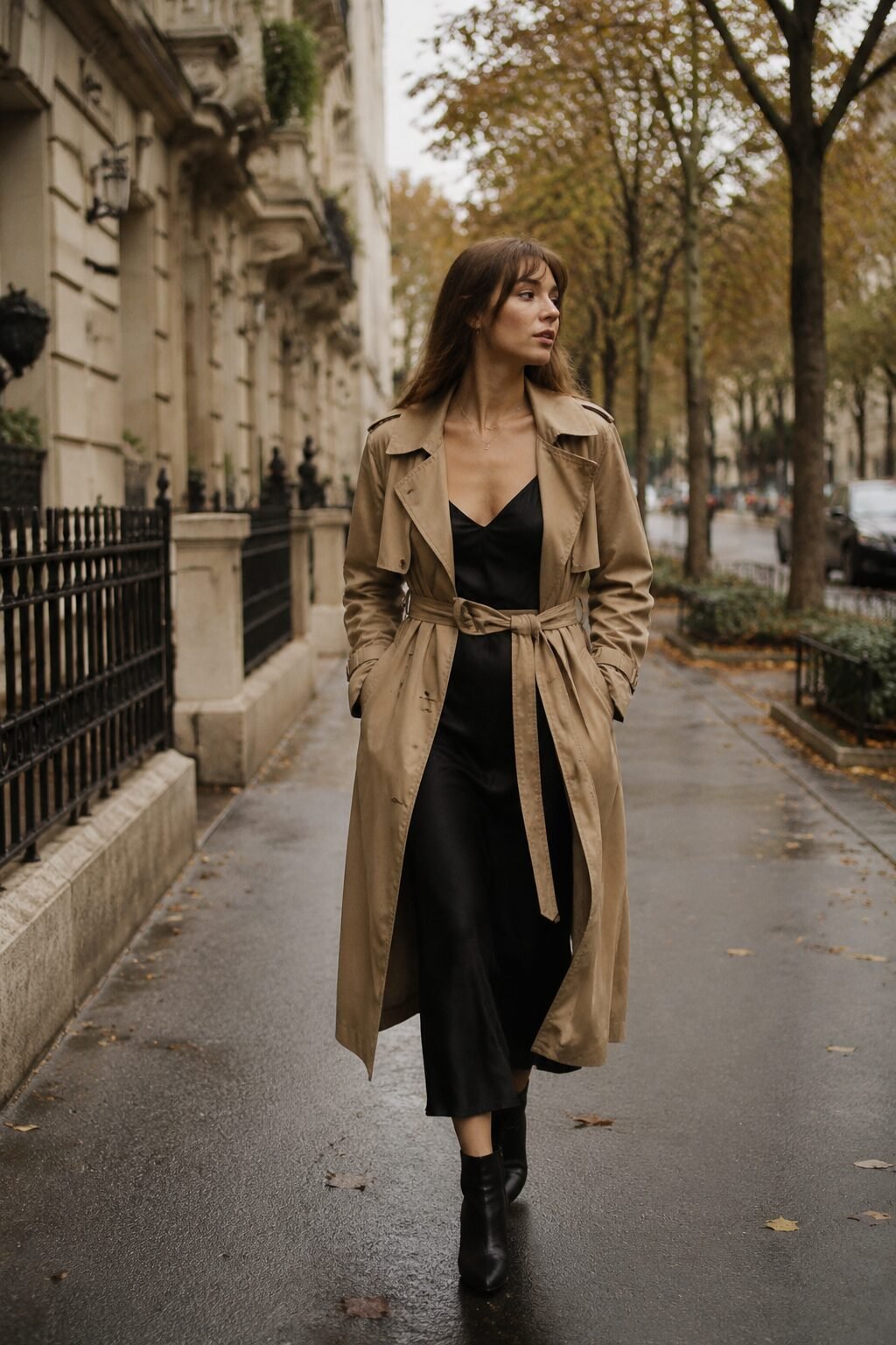 carolyn bessette style outfit: black slip dress under a belted camel trench coat