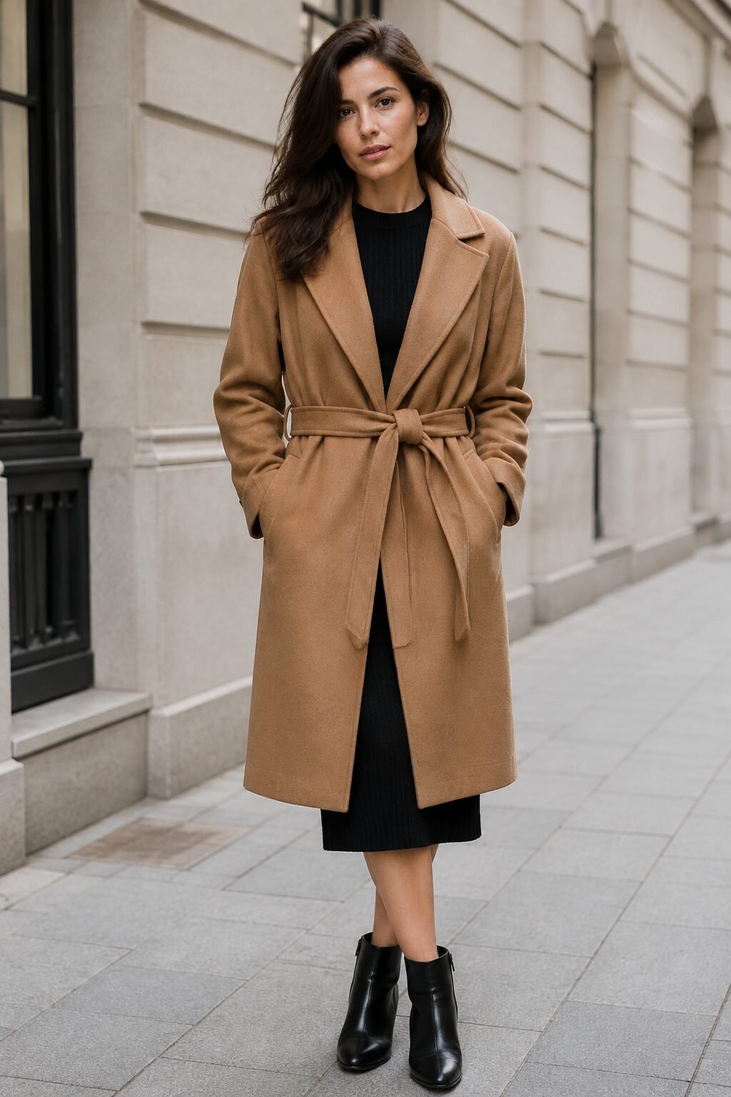 woman in a 90s minimalist cold-weather outfit wearing a camel wrap coat over a black knit dress
