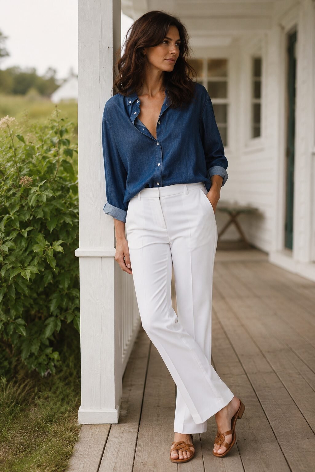 indigo chambray shirt and white tailored trouser weekend outfit inspired by carolyn bessette kennedy