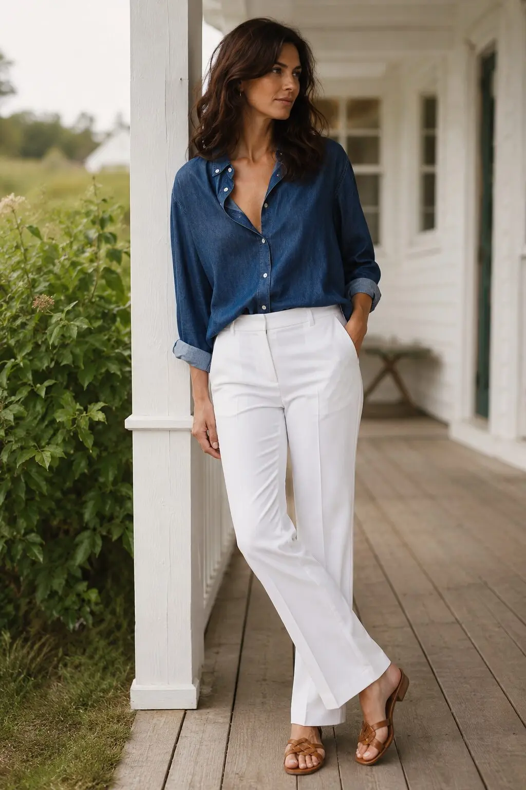 indigo chambray shirt and white tailored trouser weekend outfit inspired by carolyn bessette kennedy