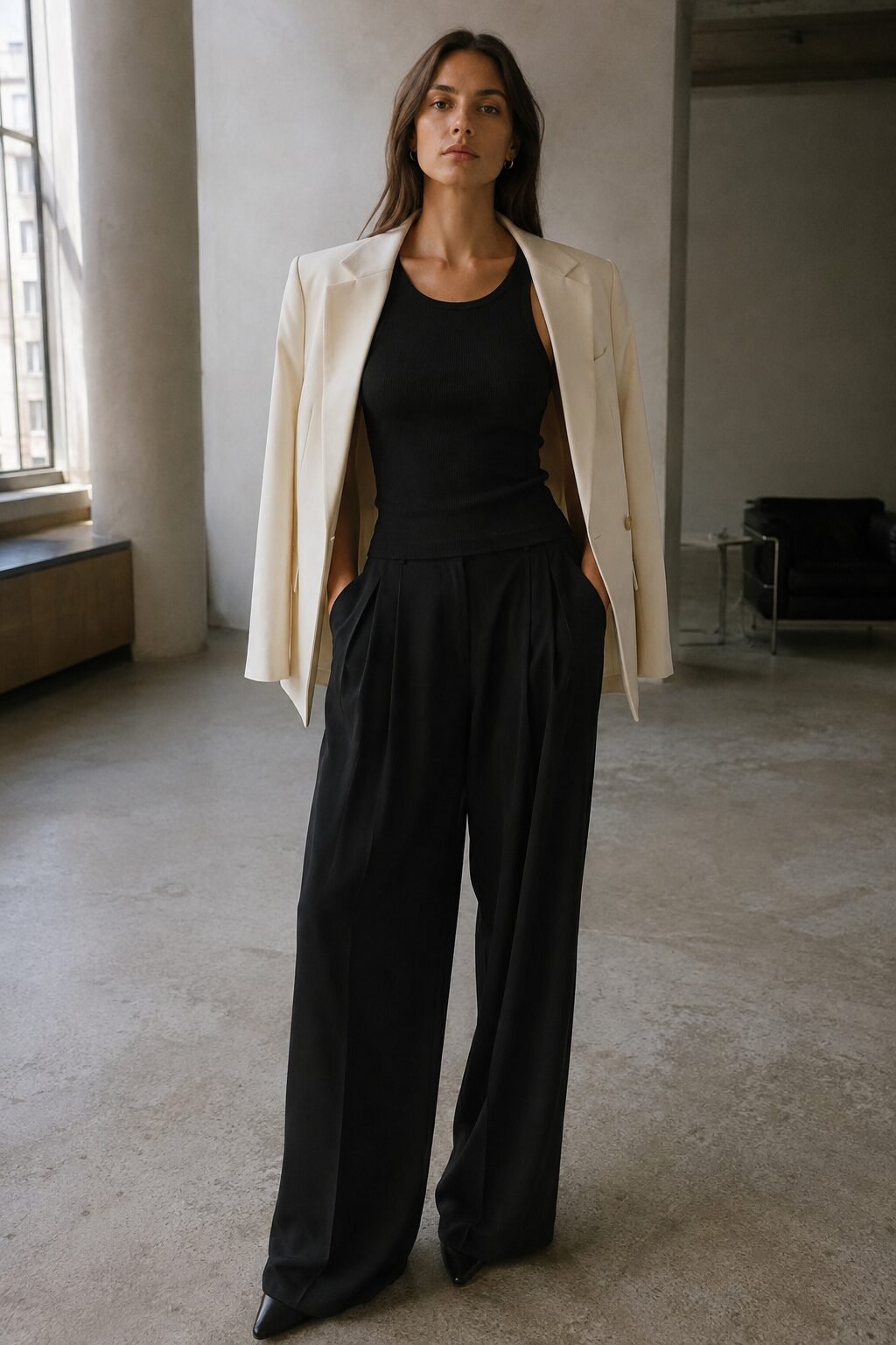 budget quiet luxury office to dinner outfit: black tank and trouser with a draped cream blazer