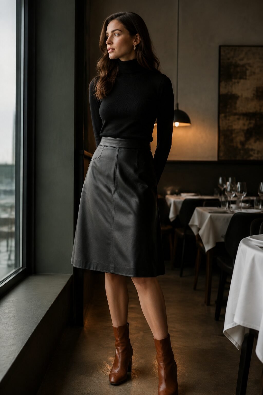 fall capsule outfit formula: black fitted turtleneck tucked into a black leather skirt with cognac boots