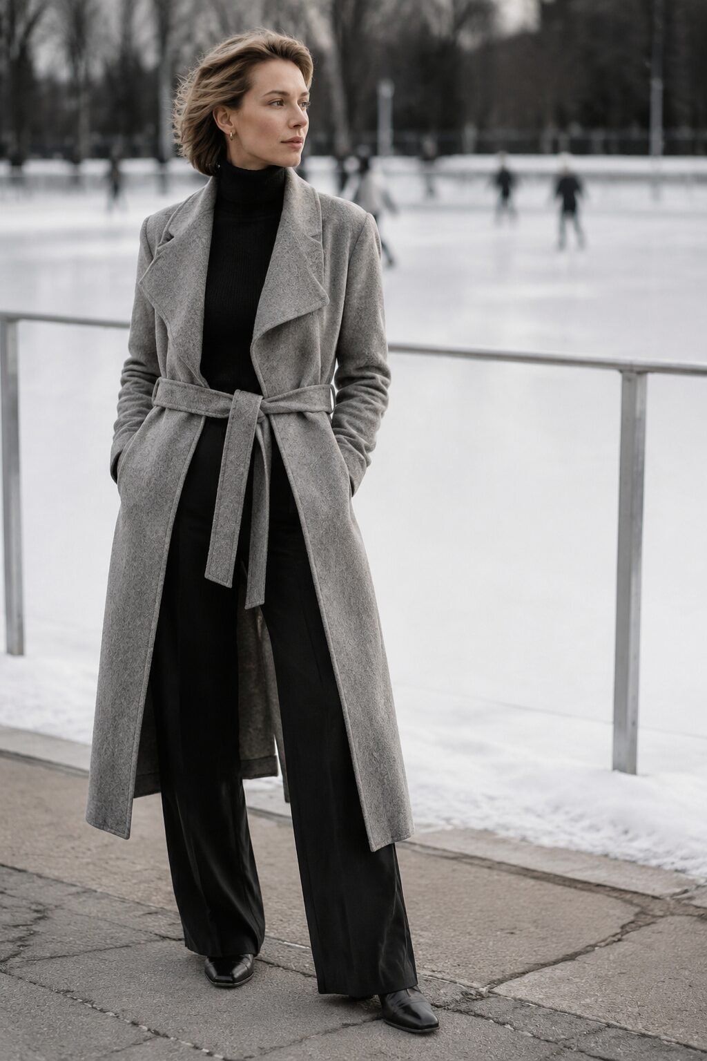 cool toned winter outfit: black cashmere turtleneck under a heather grey wrap coat for outdoor ice skating