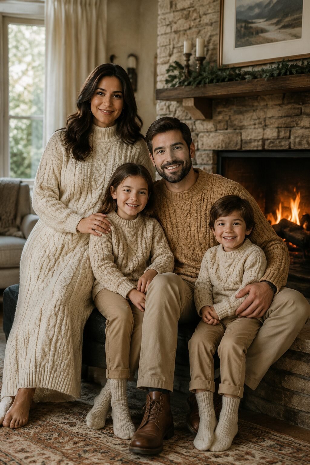 cozy family christmas outfits in tonal cable knit: mother in an ivory cable-knit sweater dress by the fire