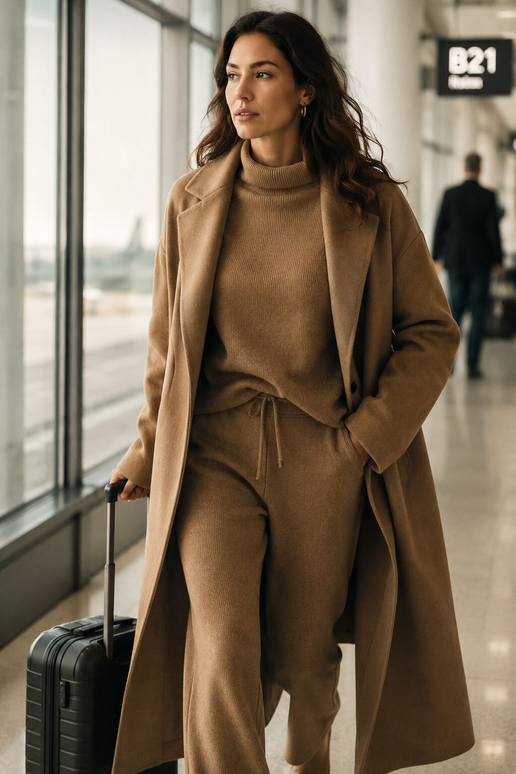 fall capsule wardrobe outfit idea: camel knit coordinate set and long coat for a Friday travel day
