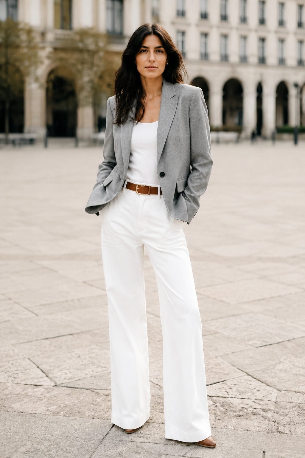 early-fall Carolyn Bessette-inspired outfit: soft grey structured blazer with white wide-leg jeans