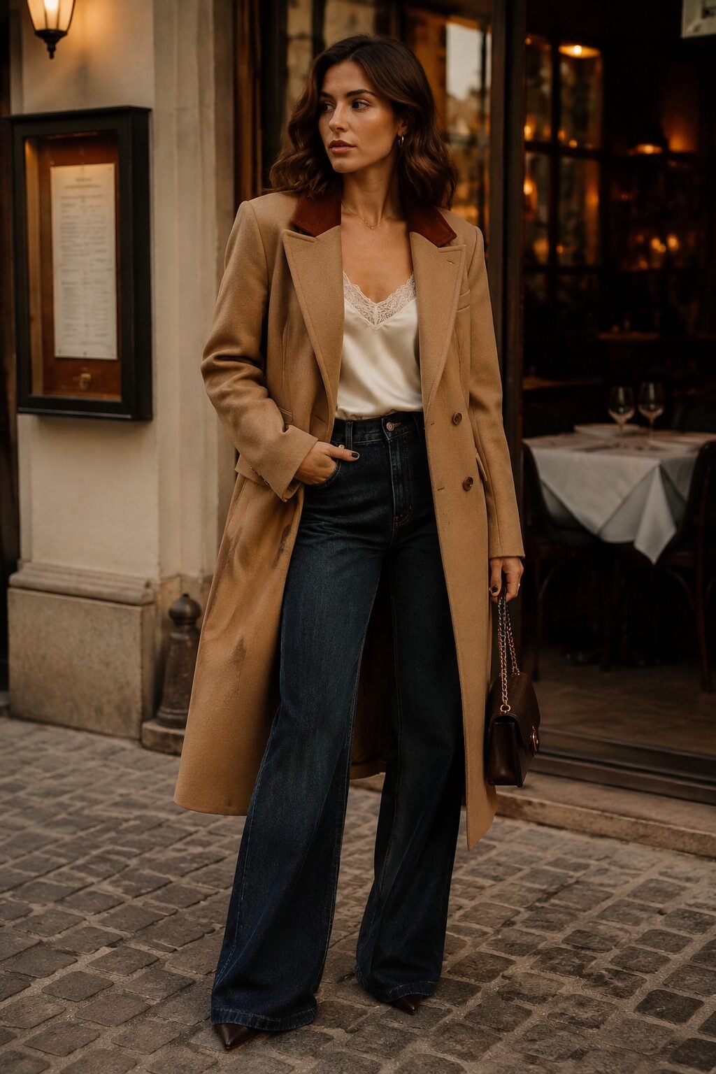 gallery-ready bootcut jeans outfit inspired by Carolyn Bessette Kennedy: sleeveless turtleneck shell, black-and-white tweed jacket, and Mary Jane flats
