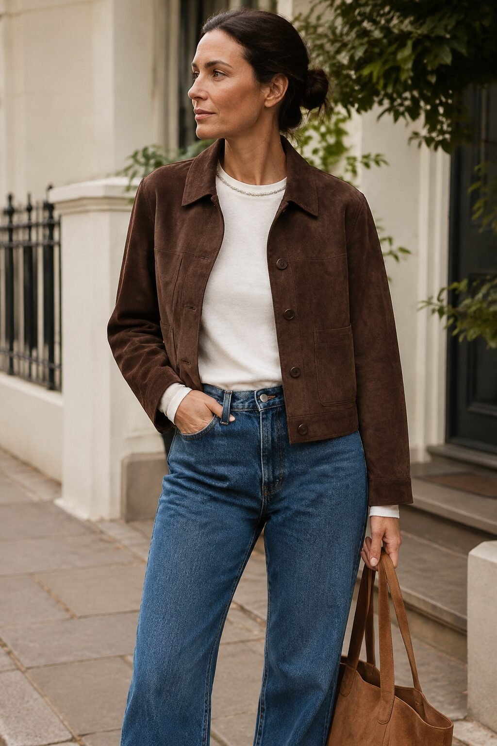 everyday suede jacket outfit: chocolate suede jacket, white t-shirt, and straight-leg jeans