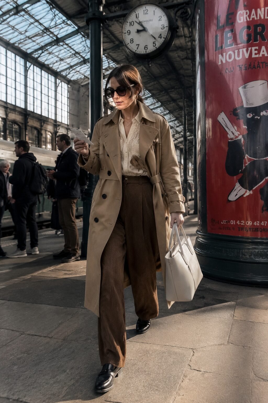 fall capsule wardrobe travel outfit: camel trench coat over an ecru lace blouse and brown corduroy wide-leg trousers with an ivory tote