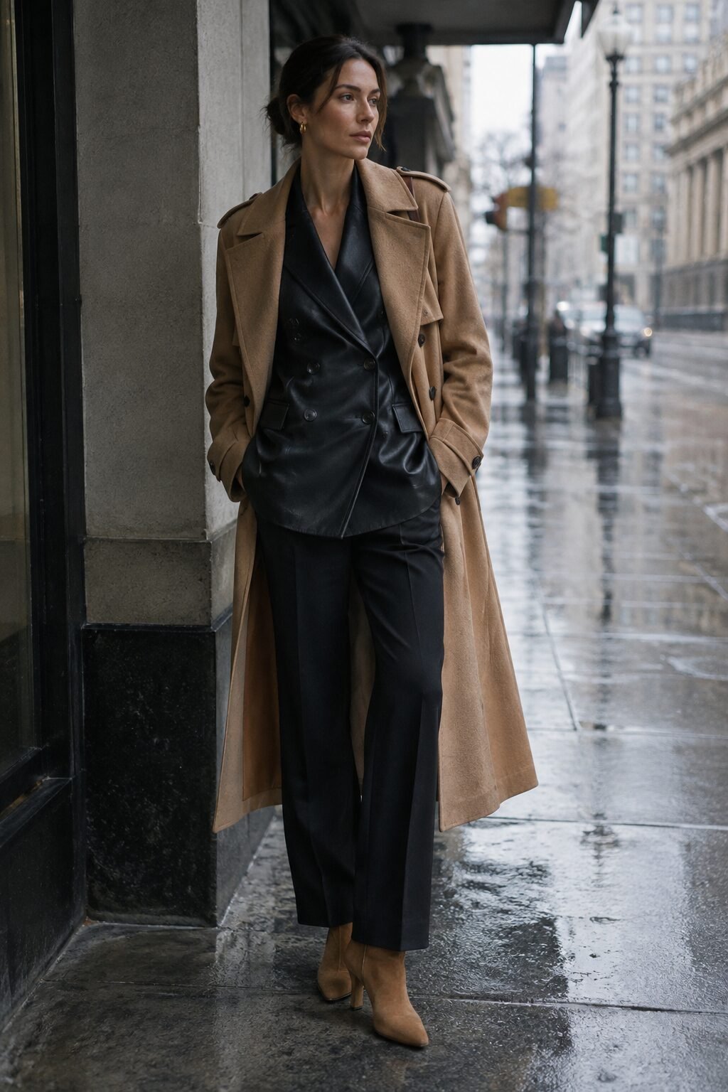 how to style a trench coat with a blazer: camel trench coat over a black leather blazer with dark brown suede boots