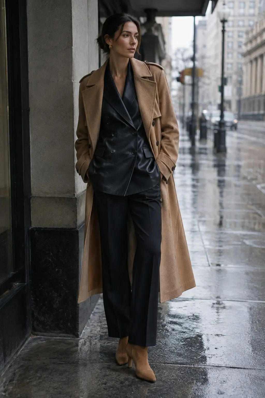 how to style a trench coat with a blazer: camel trench coat over a black leather blazer with dark brown suede boots