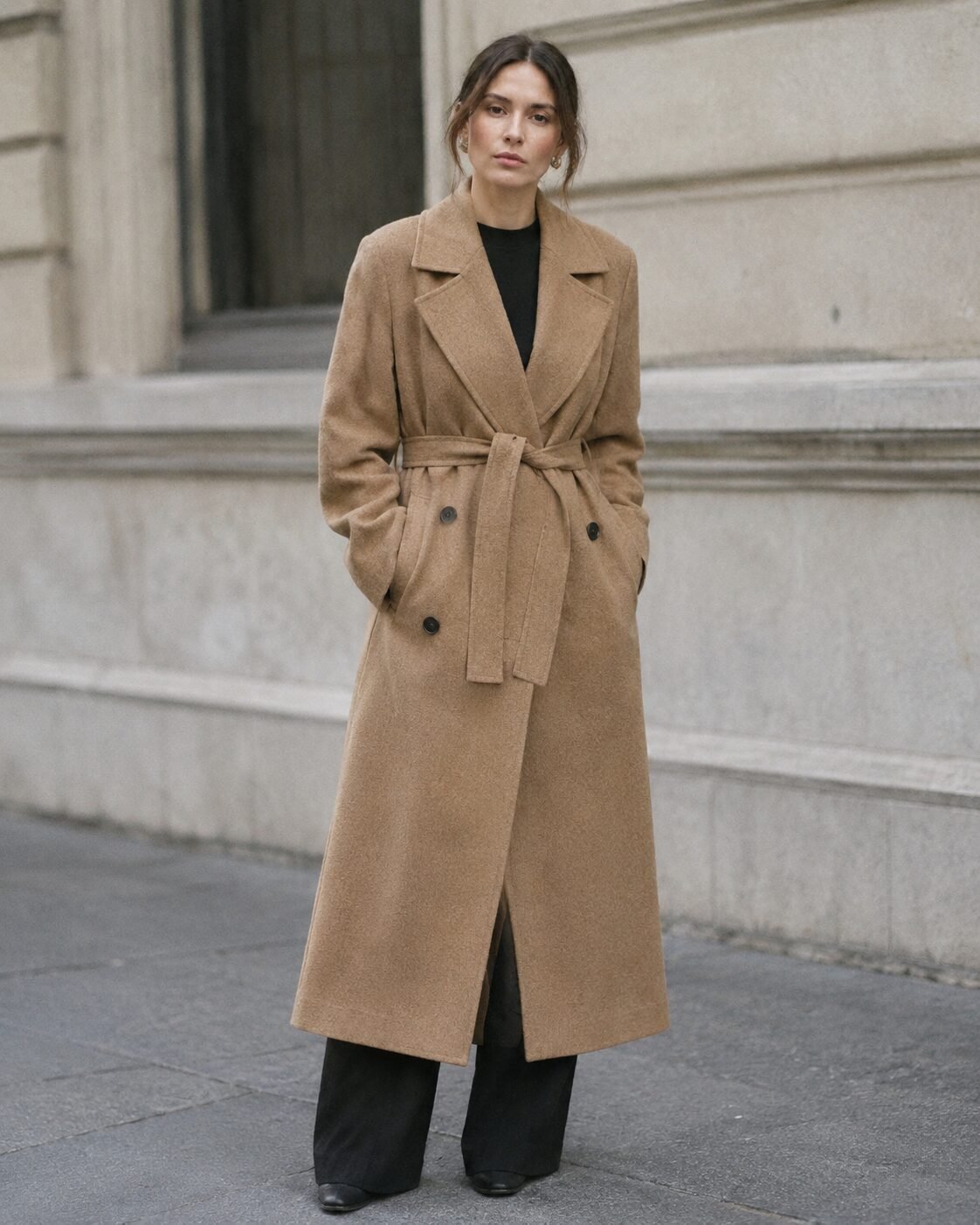 affordable quiet luxury fall outfit: camel hair wrap coat with a self-tie belt