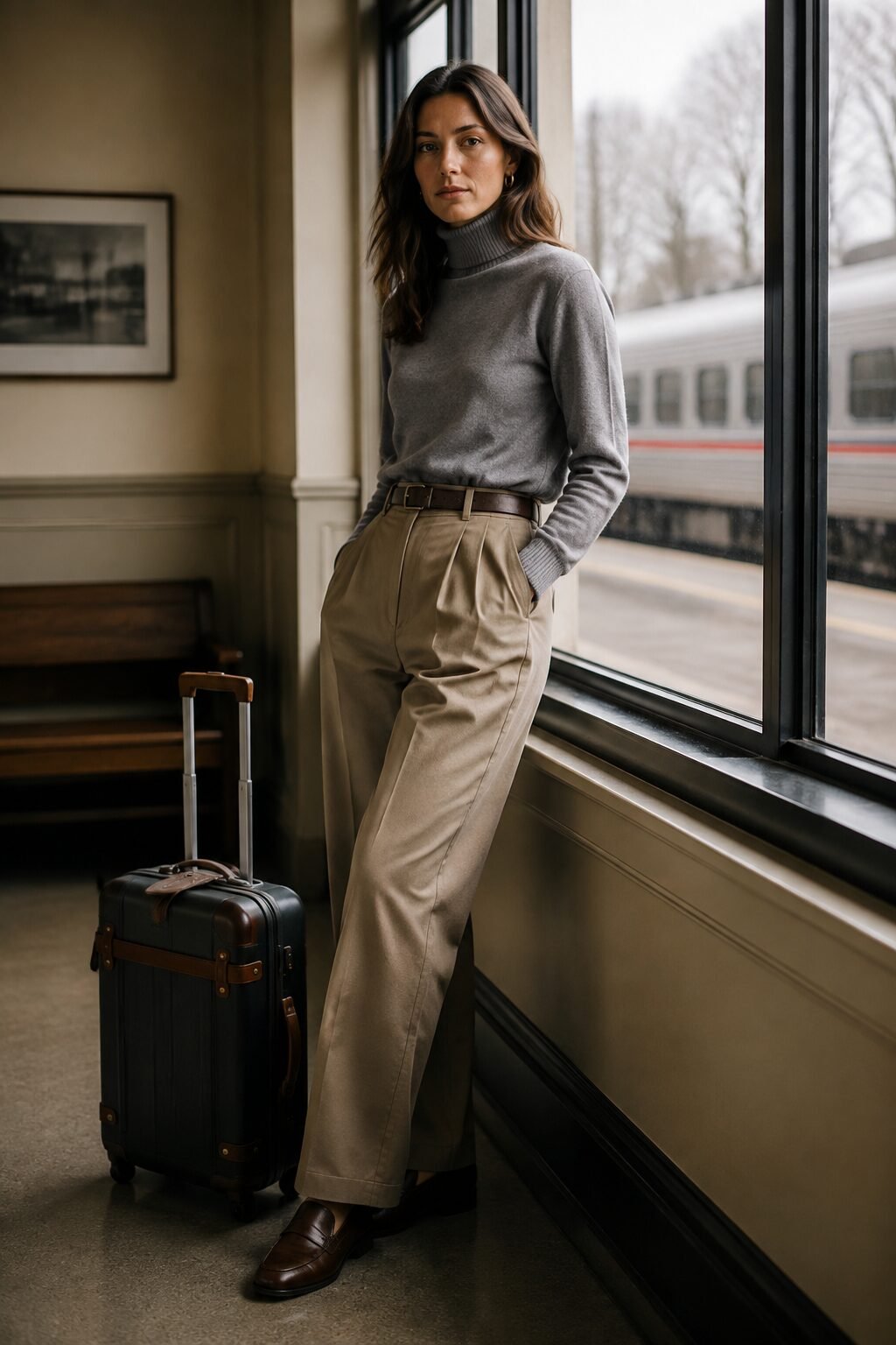 granite cashmere turtleneck tucked into khaki tailored trousers, a travel day christmas outfit