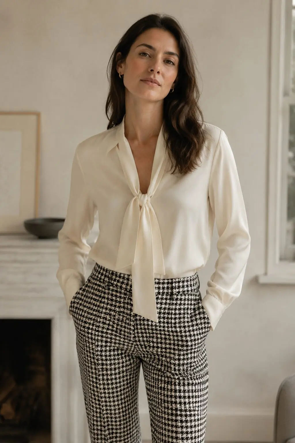 cream pussy-bow blouse with houndstooth trousers, elegant christmas lunch outfit for hosting