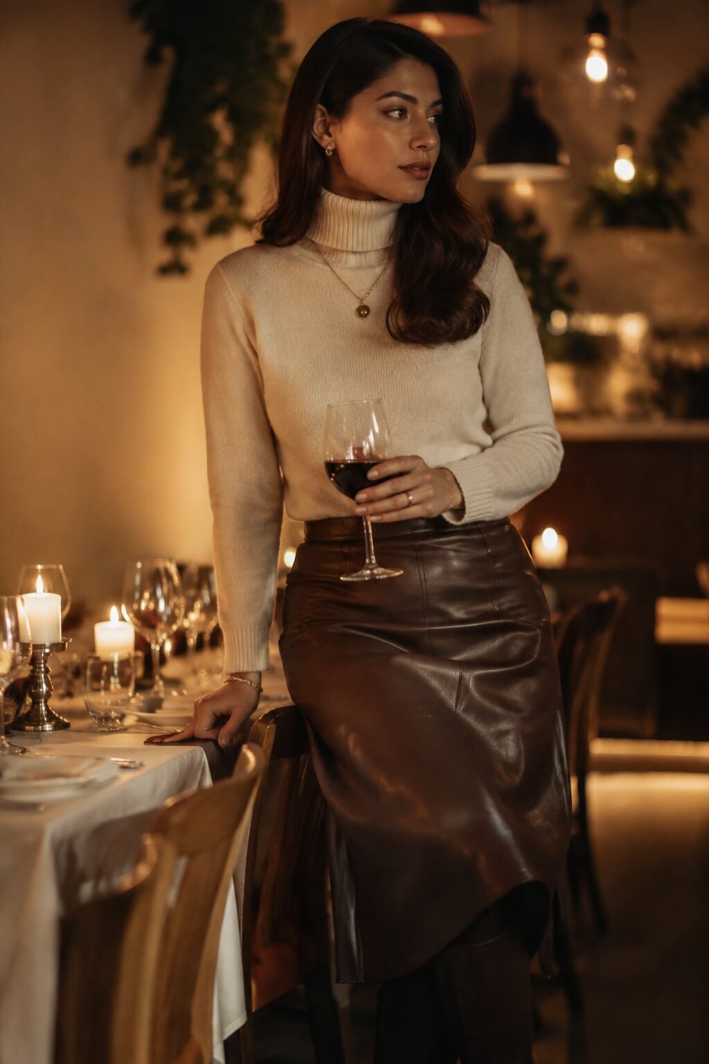 chic Christmas Eve outfit: cream cashmere turtleneck with a chocolate brown leather midi skirt