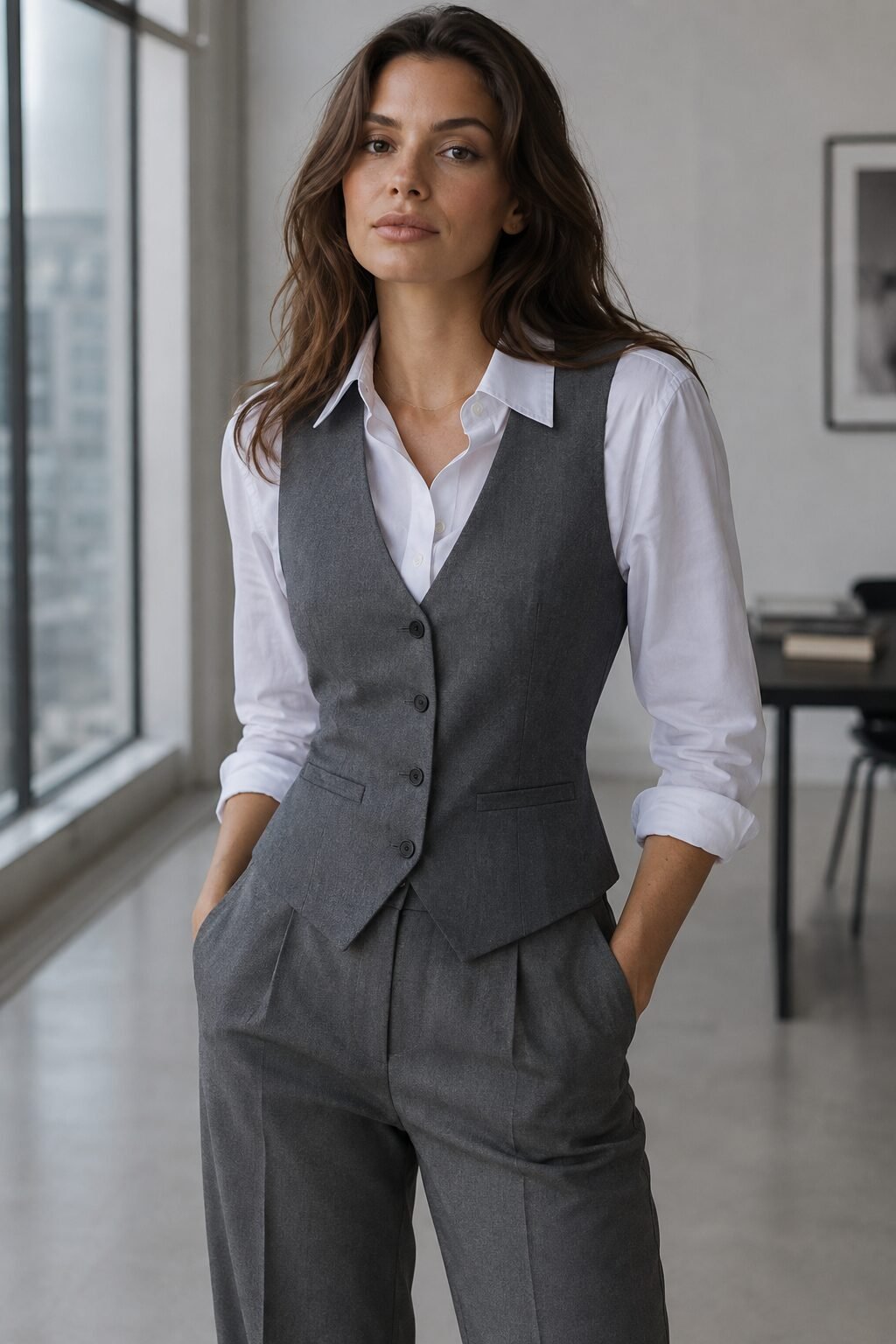 carolyn bessette kennedy outfit inspiration: grey structured vest over white button-down and trousers
