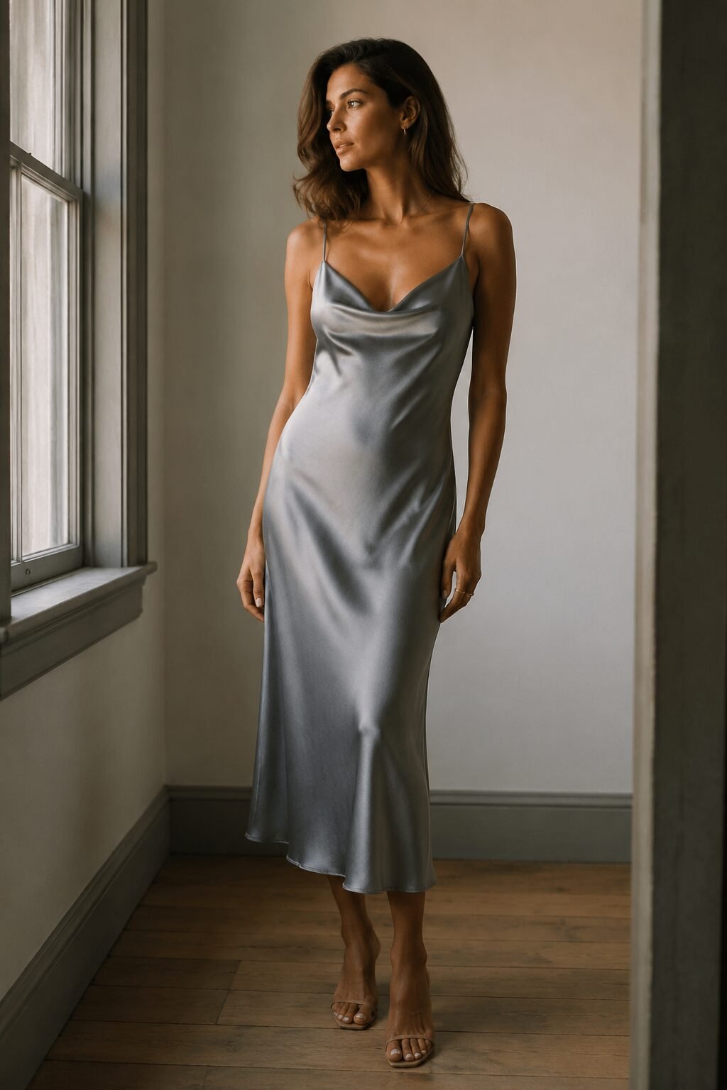90s minimalist evening outfit: silver-grey cowl-neck satin slip dress worn alone