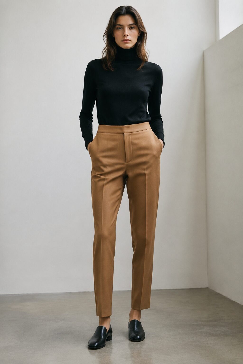 woman in a 90s minimalist outfit wearing a fitted black turtleneck with a tapered camel trouser